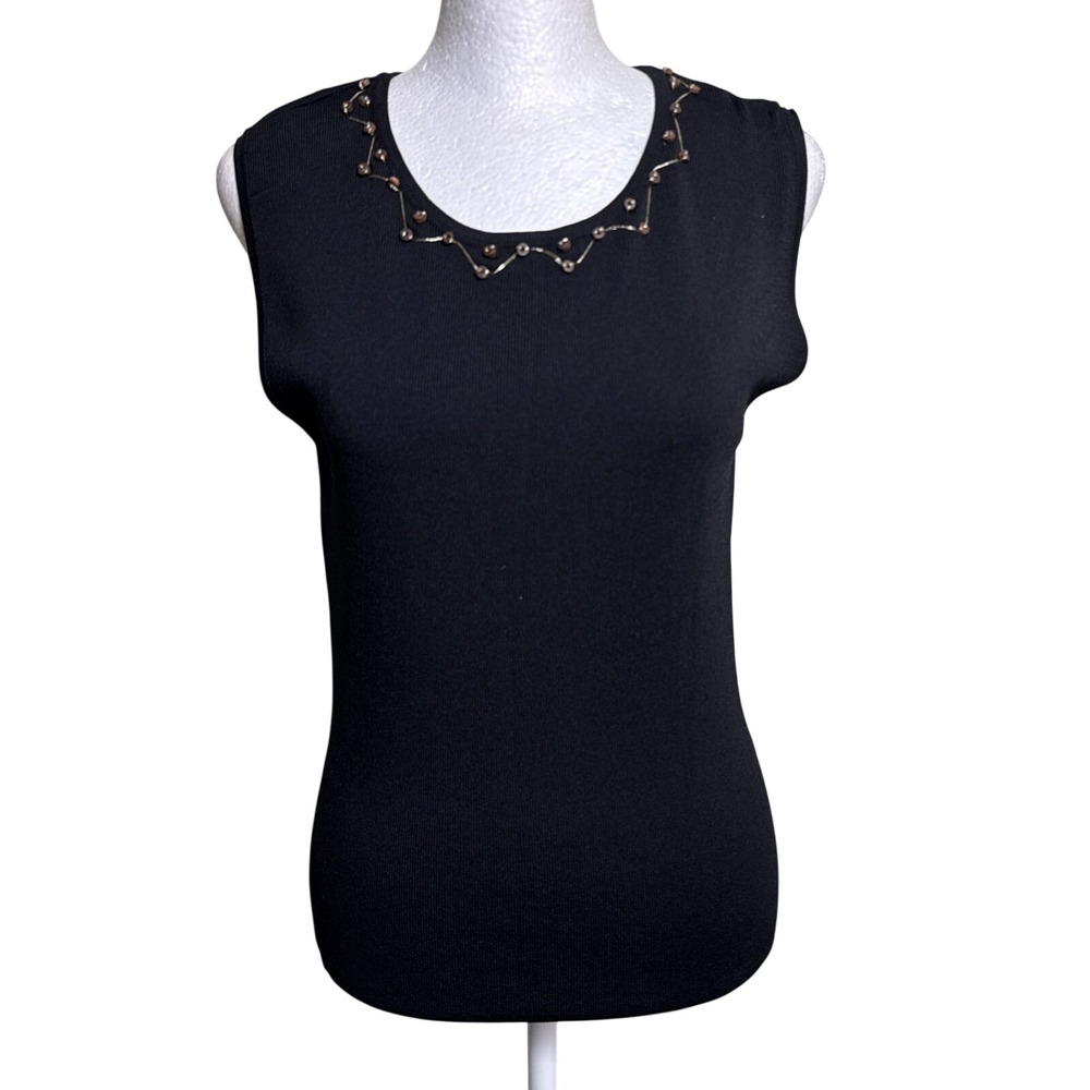 VTG FINITY Black Sleeveless Stretch Dainty Knit Top Beaded Size XL Ribbed‎ Y2K